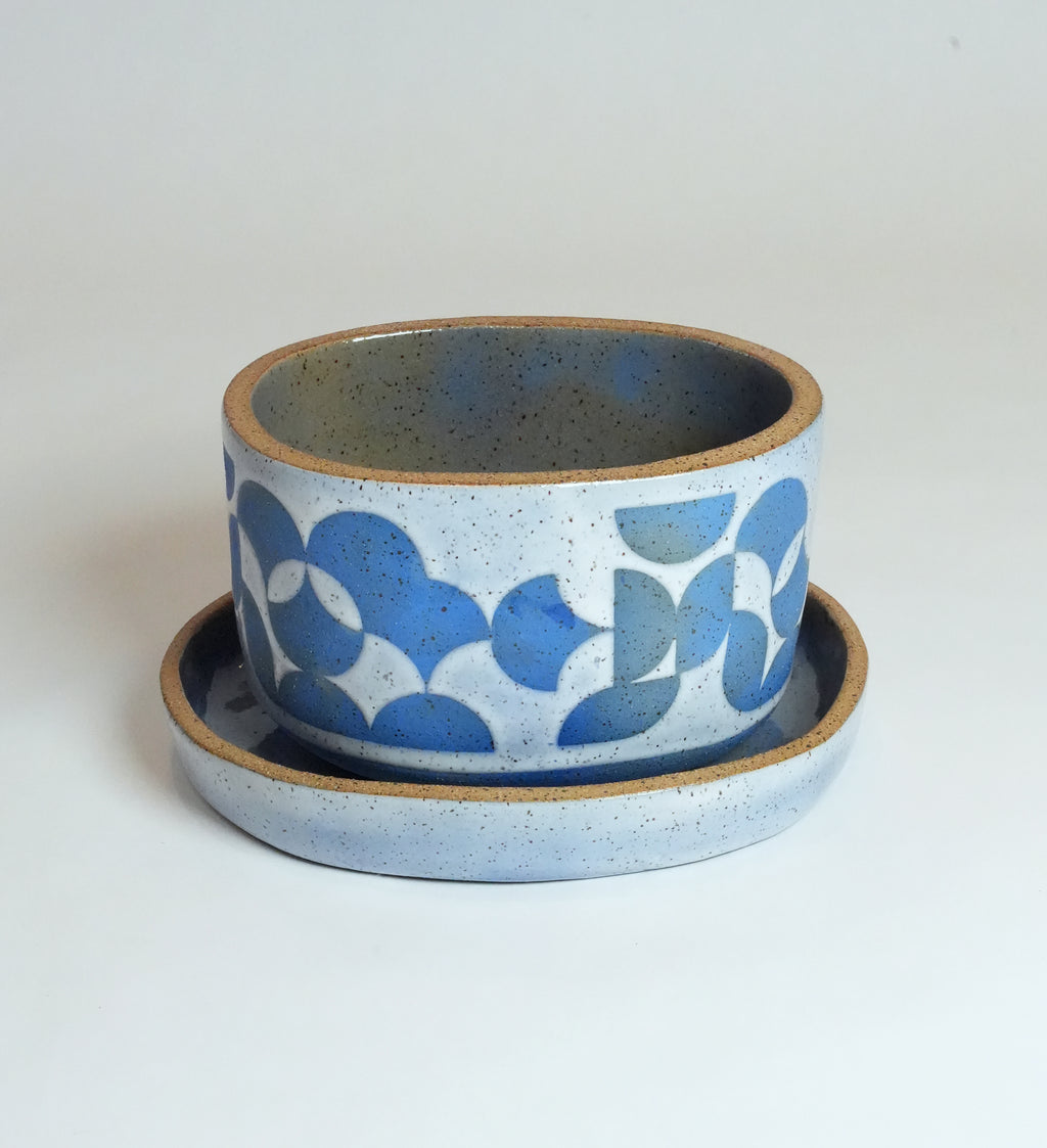 Speckled Geometric Oval Shaped Blue Planter & Tray