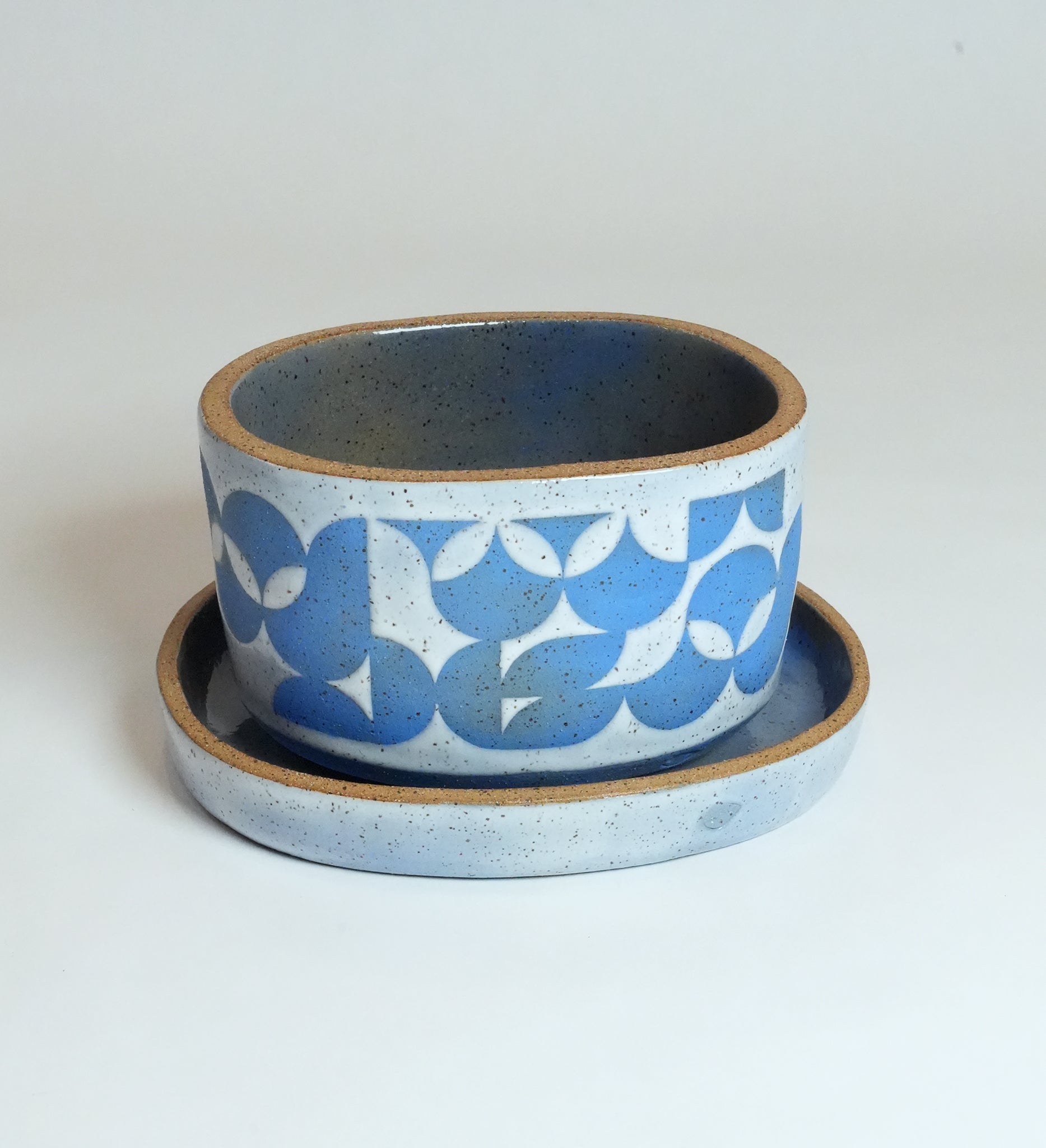 Speckled Geometric Oval Shaped Blue Planter & Tray