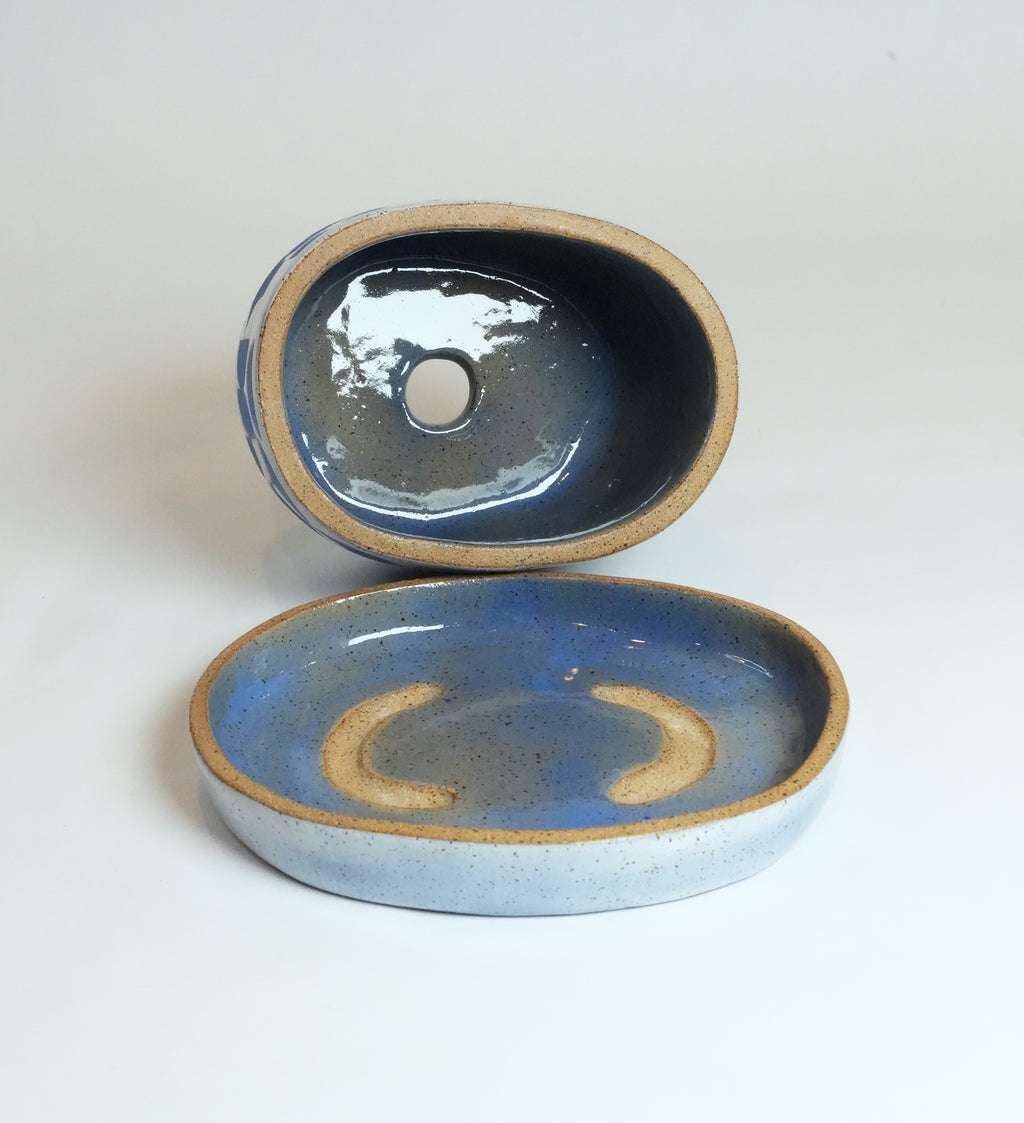 Speckled Geometric Oval Shaped Blue Planter & Tray