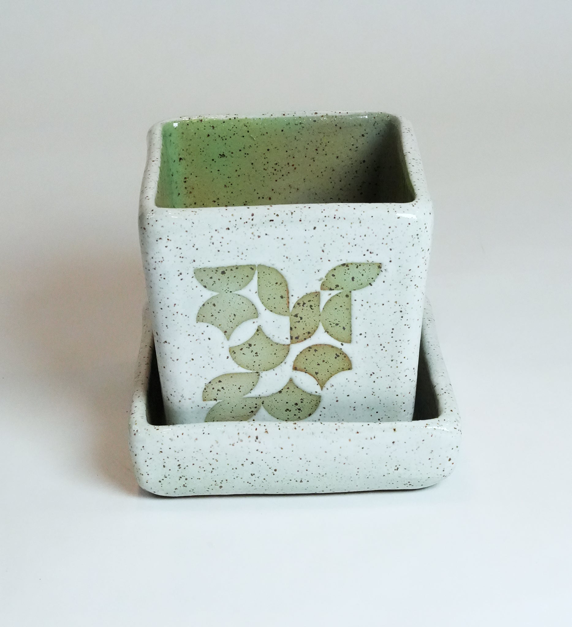 Square Geometric Green Planter & Tray