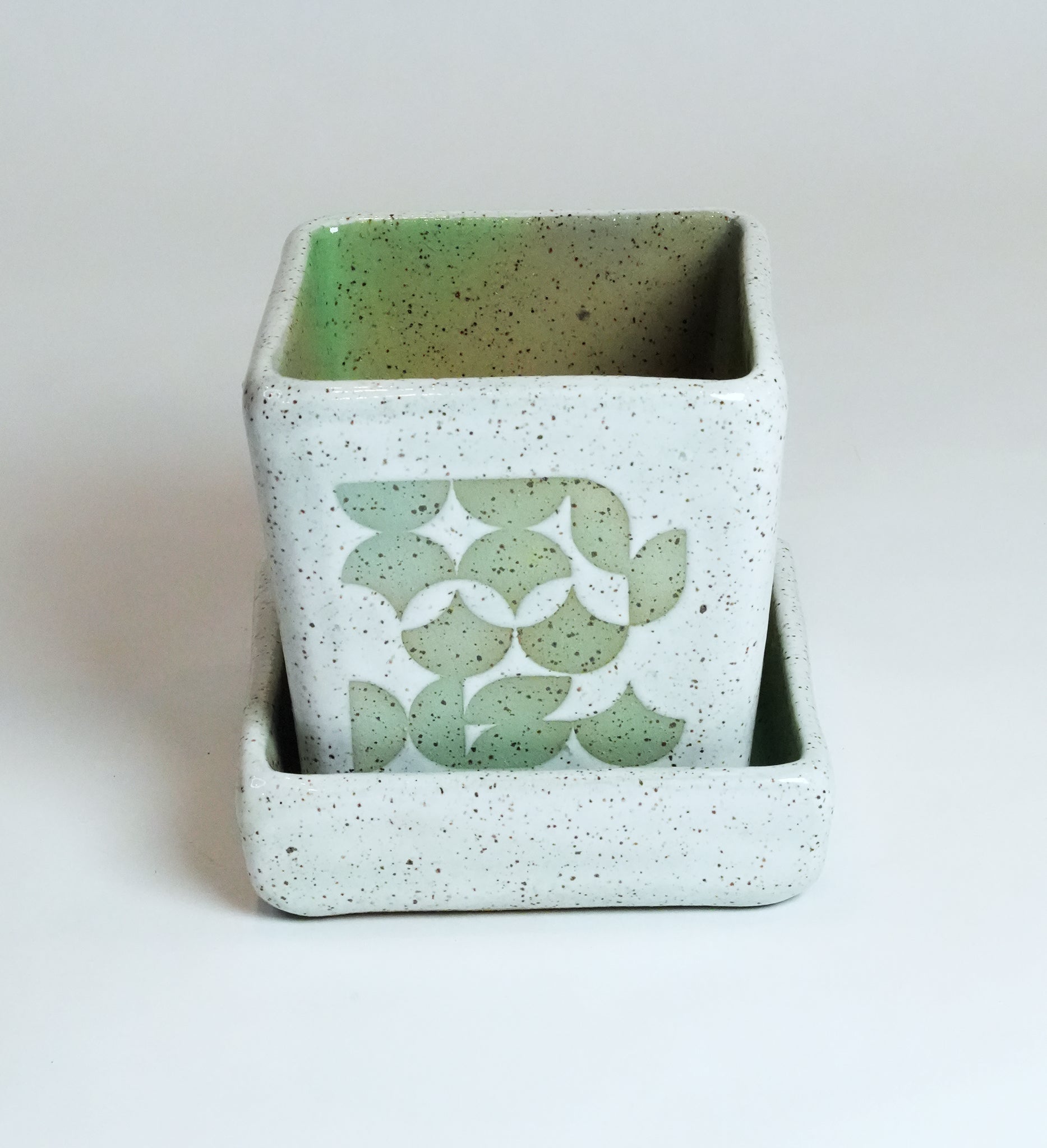Square Geometric Green Planter & Tray