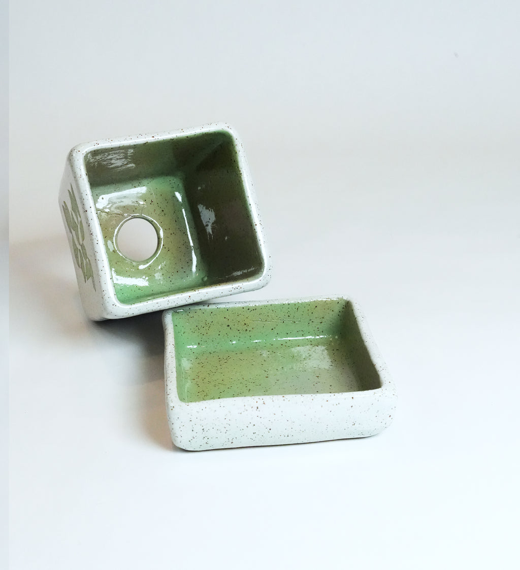 Square Geometric Green Planter & Tray